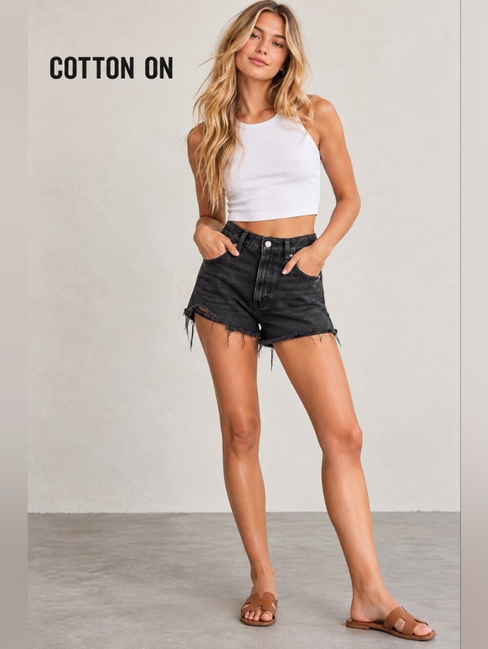 Cotton On Original Cut Off Black Denim Shorts Size 30 High Rise Distressed